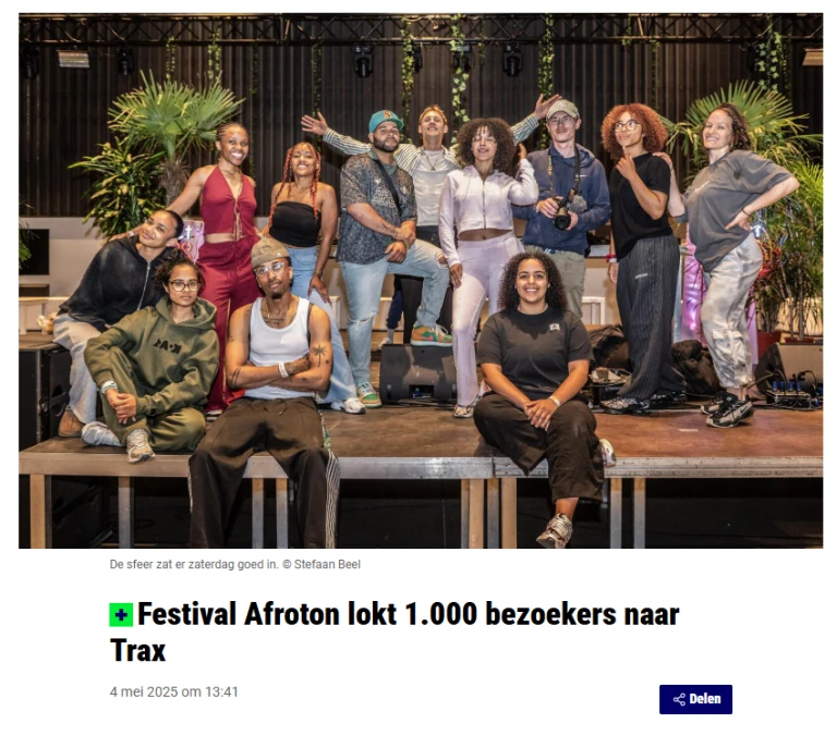 Newspaper article: “Festival Afroton lokt 1.000 bezoekers naar Trax”