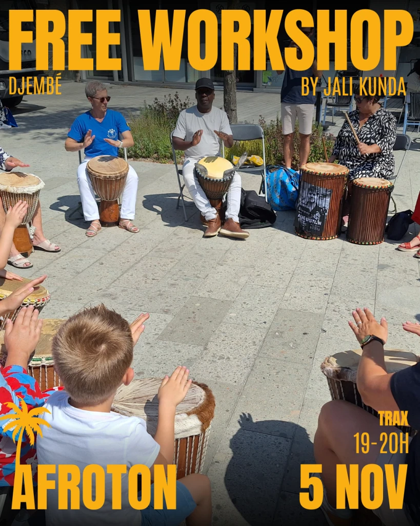 Poster: free djembé workshop by Jali Kunda, AFROTON, Trax, 5 Nov, 19–20h